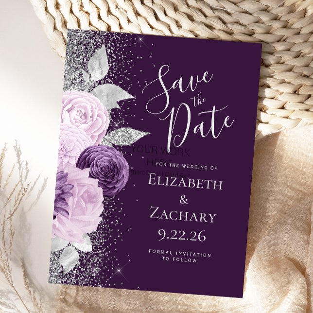 Floral Deep Lila Lavender Silver Glitzer Postkarte (Von Creator hochgeladen)