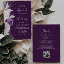 Floral Deep Lila Silver Glitzer QR Code Hochzeit