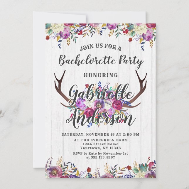 Floral Deer Antler Bachelorette Party Invitation (Devant)