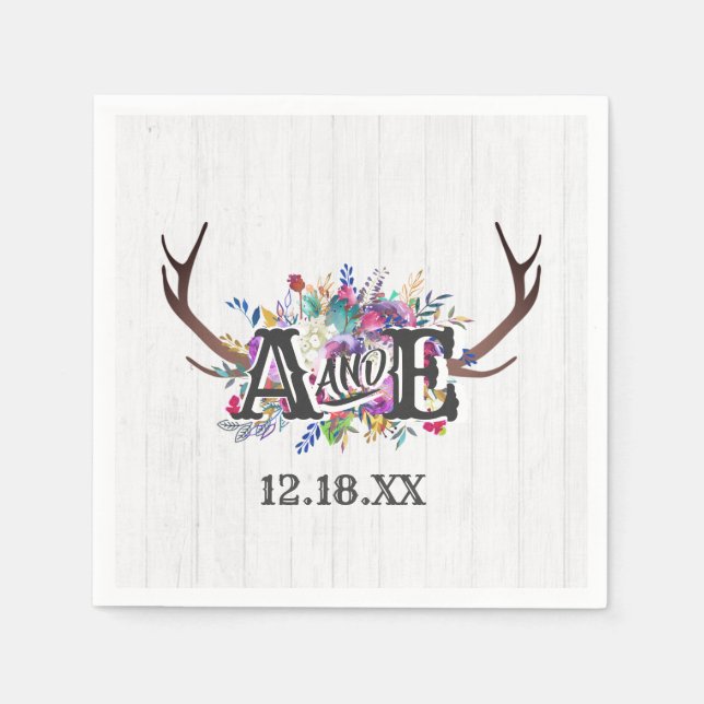 Floral Deer Antler Bouquet Rustic Wedgram Serviette (Vorderseite)