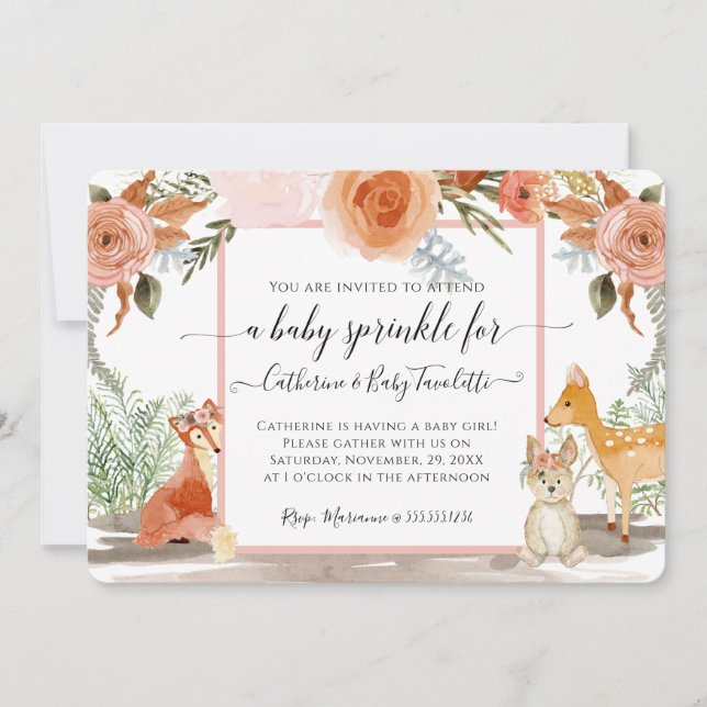 Floral Deer Fox Rabbit Woodland Baby Girl Dusche Einladung (Vorderseite)