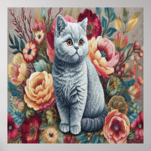 Floral Delight British shorthair Cat, Niedlich Kit Poster