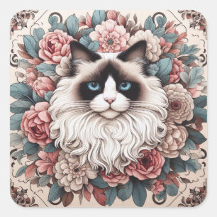 Floral Delight Ragdoll Cat, Niedlich Ragdoll Kitte Quadratischer Aufkleber