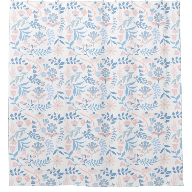 Floral design boho block print blue pink girly duschvorhang (Vorderseite)
