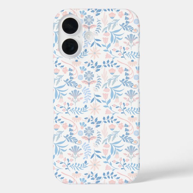 Floral design boho block print blue pink girly iPhone 16 hülle (Rückseite)