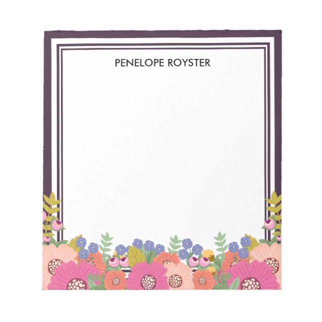 Floral Design Dunkelrote Weiße Name Notizbuch Notizblock (Vorderseite)