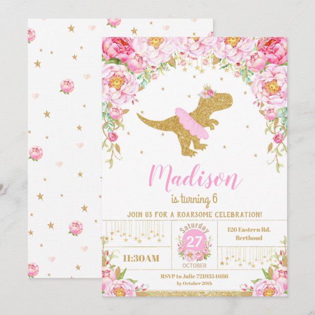Floral Dinosaur Anniversaire Invitation Girl T-Rex (Devant / Derrière)