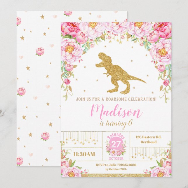 Floral Dinosaur Anniversaire Invitation Girl T-Rex (Devant / Derrière)