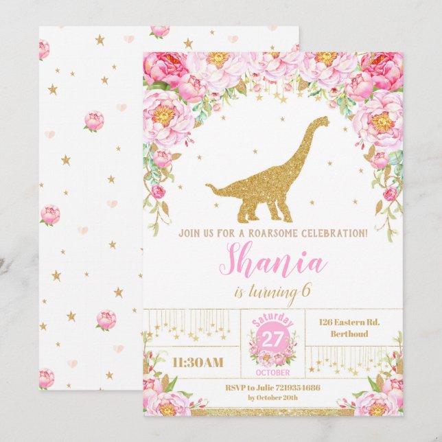 Floral Dinosaur Birthday Invitation Girl Einladung (Vorne/Hinten)