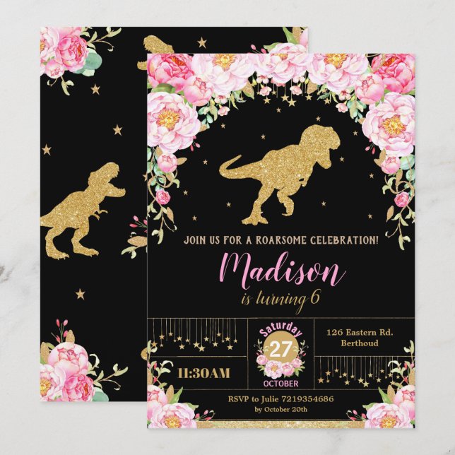 Floral Dinosaur Birthday Invitation Girl T-Rex Einladung (Vorne/Hinten)