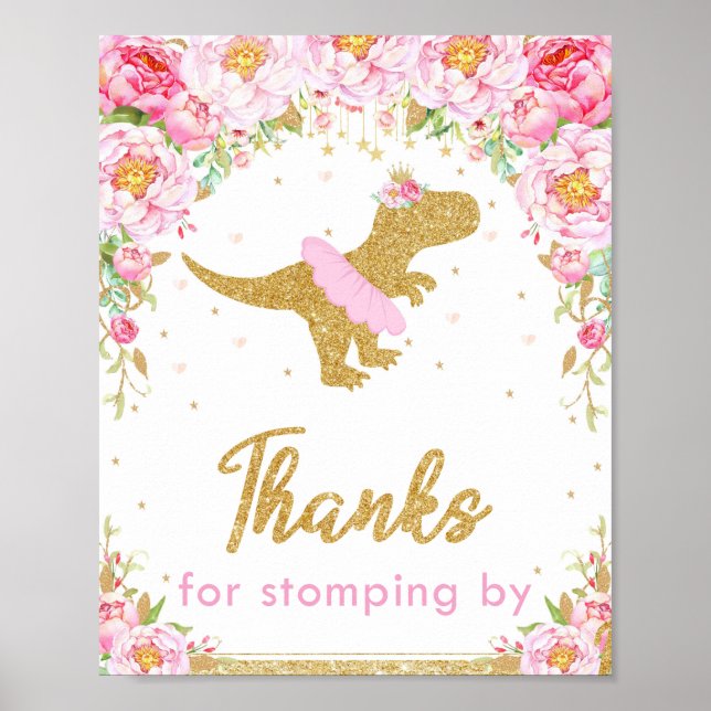 Floral Dinosaur Birthday Party T-Rex Vielen Dank Poster (Vorne)