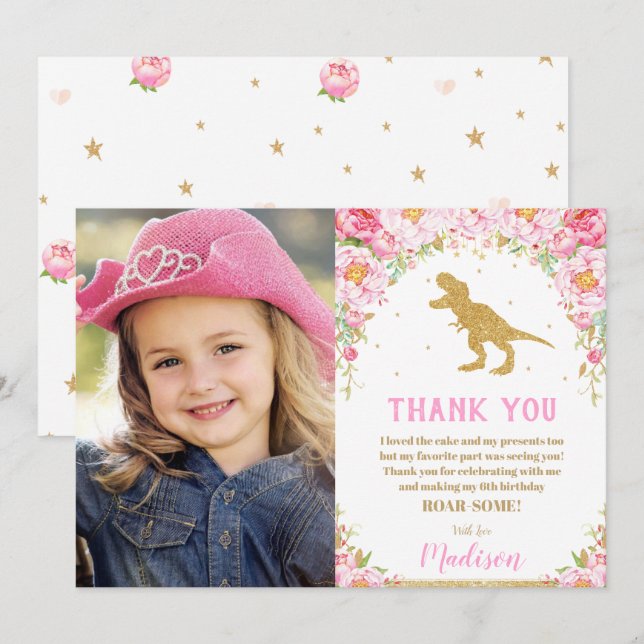 Floral Dinosaur Birthday T-Rex Danke Karte (Vorne/Hinten)