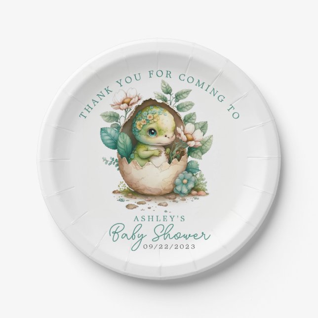 Floral Dinosaurier Ei Wasserfarbe Babydusche Pappteller (Vorderseite)