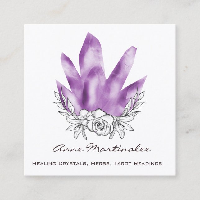 Floral Doodle Lila Crystals Square Business Card Quadratische Visitenkarte (Vorderseite)
