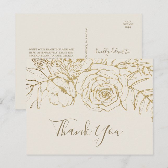 Floral doré | Carte postale Merci crème et or (Devant / Derrière)