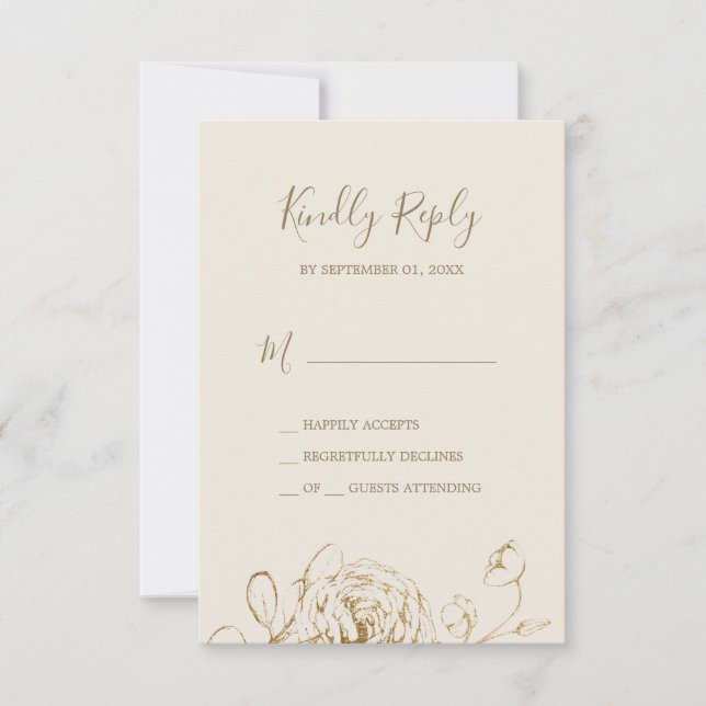 Floral doré | Carte RSVP Cream et Gold Simple (Devant)