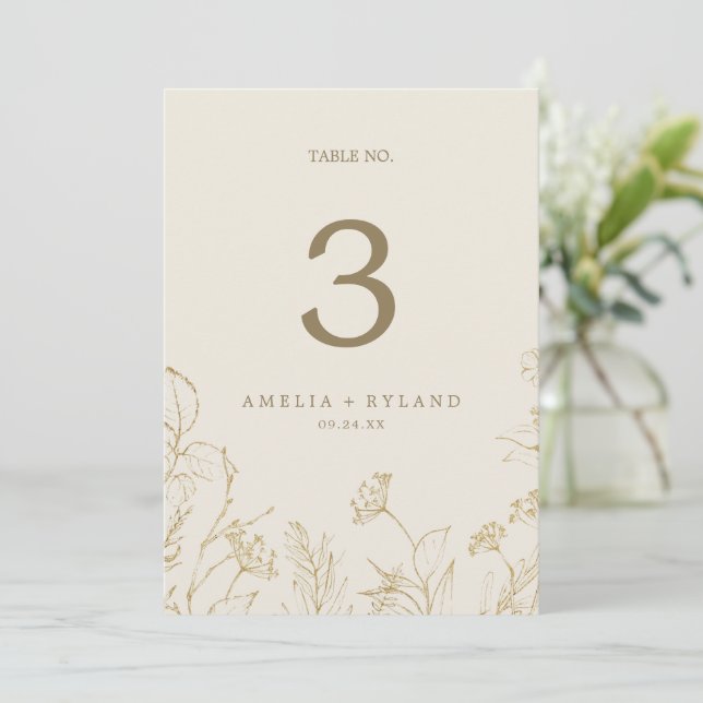 Floral doré | Numéro de table Cream and Gold 5x7" (Debout devant)