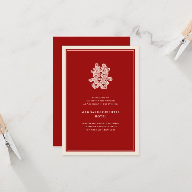 Floral Double Happiness Chinesische Hochzeitsempfa Einladung (Vorderseite/Rückseite Beispiel)