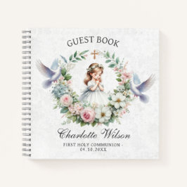 Floral Doves First Holly Communion Gästebuch Notizbuch