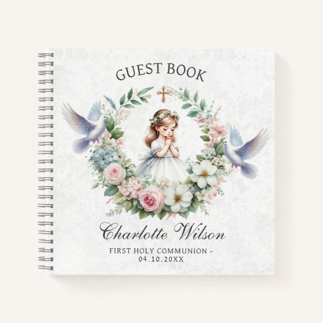 Floral Doves First Holly Communion Gästebuch Notizbuch (Vorderseite)