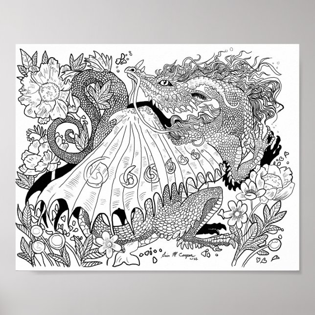 Floral Dragon Coloring Page Poster (Vorne)