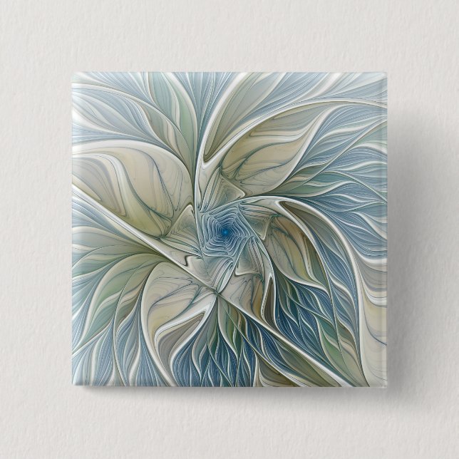 Floral Dream Muster Abstraktes Blue Khaki Fraktal Button (Vorderseite)