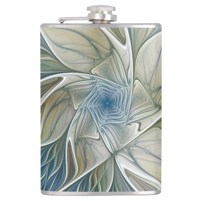 Floral Dream Muster Abstraktes Blue Khaki Fraktal Flachmann (Vorderseite)