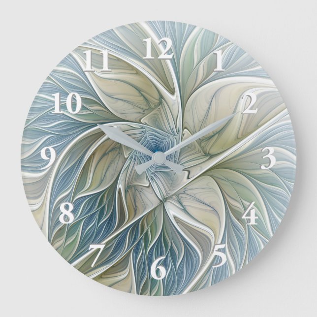 Floral Dream Muster Abstraktes Blue Khaki Fraktal Große Wanduhr (Vorderseite)