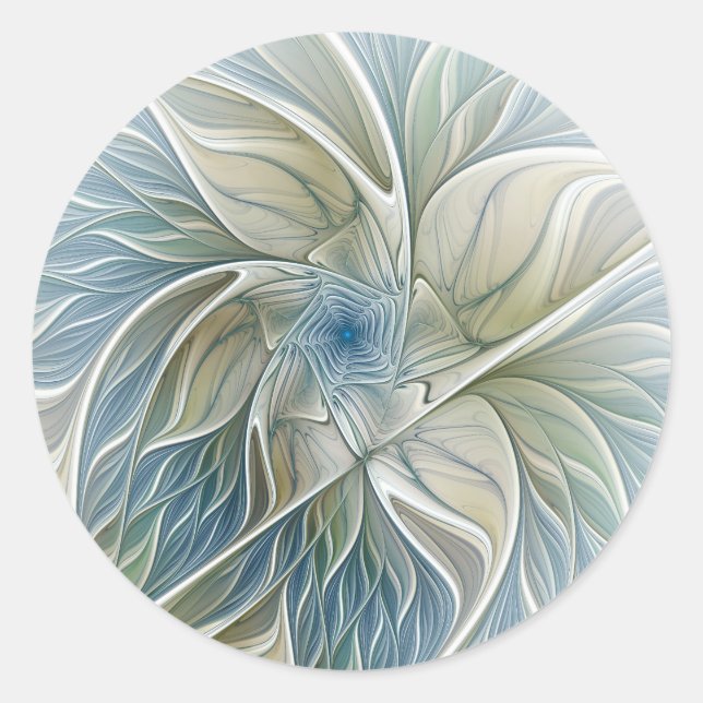 Floral Dream Muster Abstraktes Blue Khaki Fraktal Runder Aufkleber (Vorderseite)