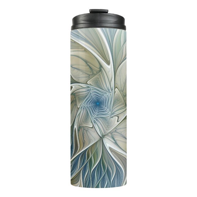 Floral Dream Muster Abstraktes Blue Khaki Fraktal Thermosbecher (Vorderseite)