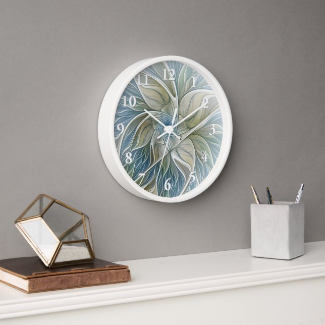 Floral Dream Muster Abstraktes Blue Khaki Fraktal Uhr (Büro)