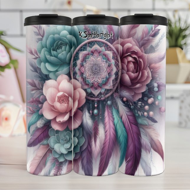 Floral Dreamcatcher mit Aquamarinen und Lila Feder Thermosbecher (Von Creator hochgeladen)
