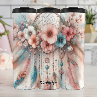 Floral Dreamcatcher mit Pastel Feathers Thermosbecher