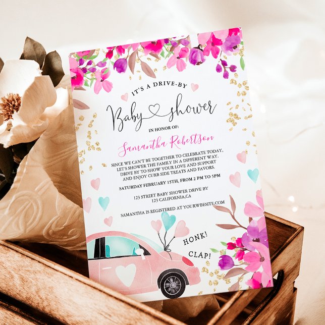 Floral Drive by baby Dusche Auto Aquarellherzen Einladung (Floral Drive by baby shower car watercolor hearts Invitation)