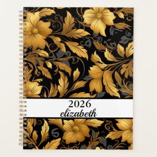 Floral dusty black and gold name script planer