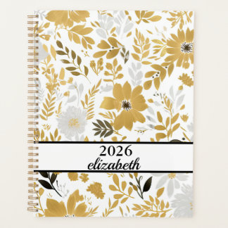 Floral dusty black and gold name script planer