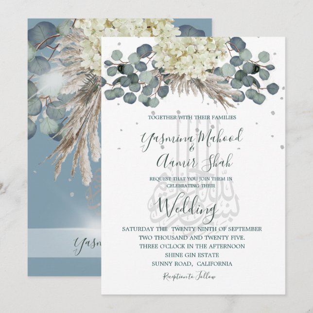 Floral Dusty Blue Bismillah Elegant Wedding Einladung (Vorne/Hinten)