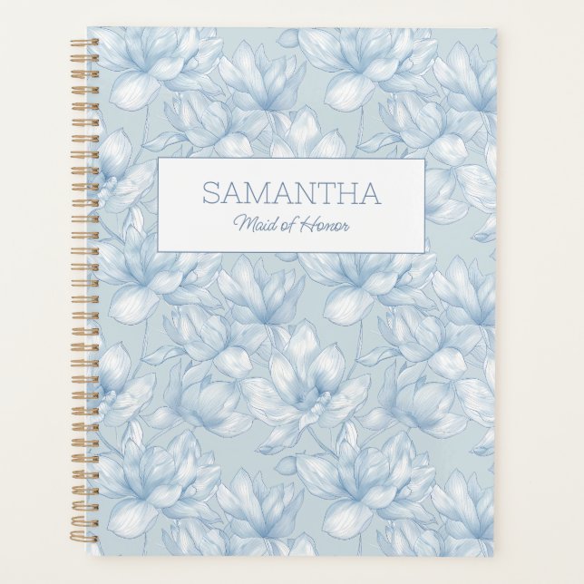 Floral Dusty Blue Blume Moderne Trauzeugin Name Planer (Vorderseite)