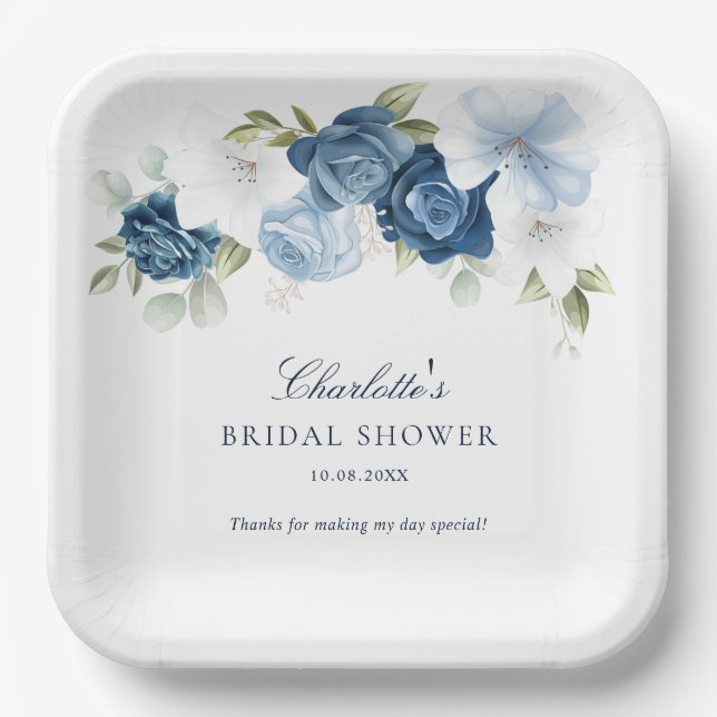 Floral Dusty Blue Botanical Brautparty Pappteller (Vorderseite)