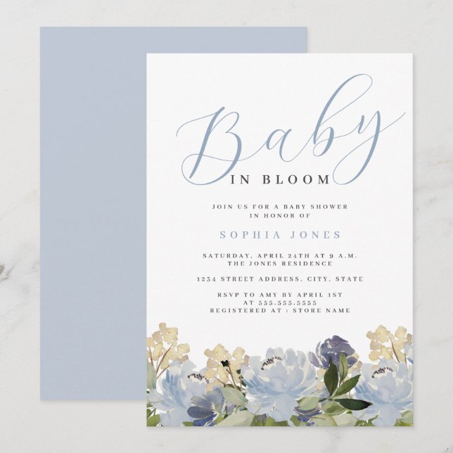 Floral Dusty Blue Boy Baby in Bloom Baby Dusche Einladung (Vorne/Hinten)
