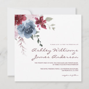 Floral Dusty Blue Burgund Rose Elegante Hochzeit Einladung
