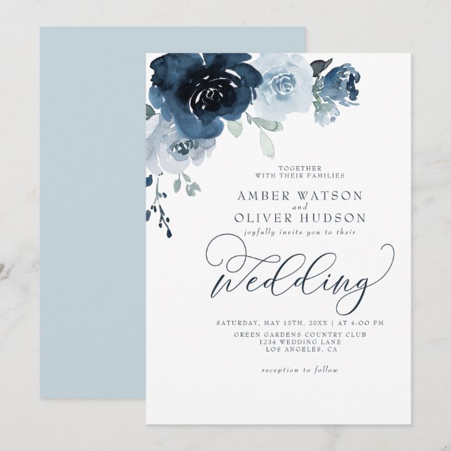 Floral Dusty Blue Dark Navy Blue Boho Wedding Einladung (Vorne/Hinten)