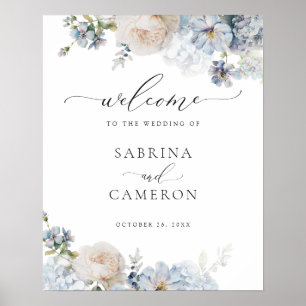 Floral Dusty Blue Elegante Hochzeit Begrüßungszeic Poster