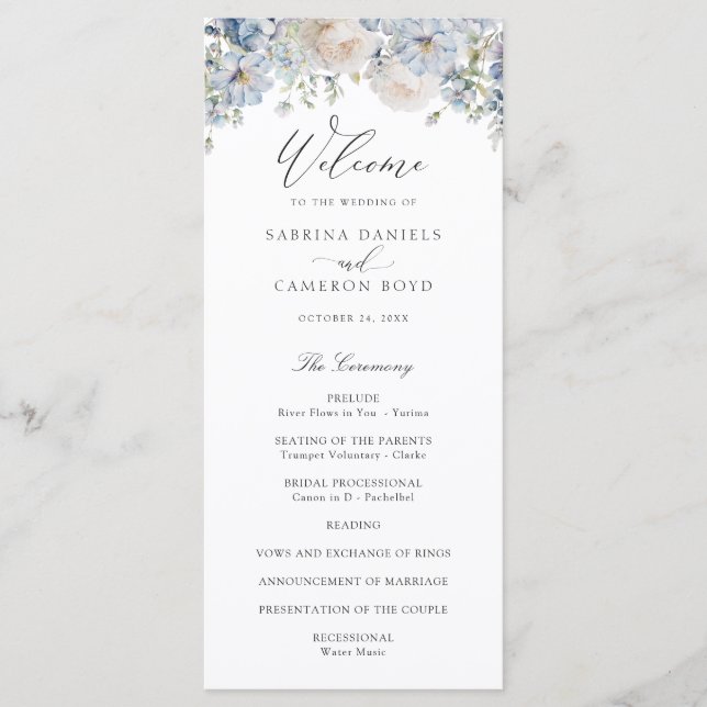 Floral Dusty Blue Elegante Rose Hochzeitsprogramm Programm (Vorderseite)