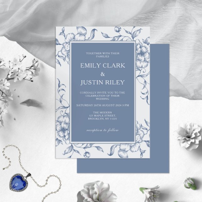 Floral Dusty Blue Elegante Wedding Einladung (Von Creator hochgeladen)