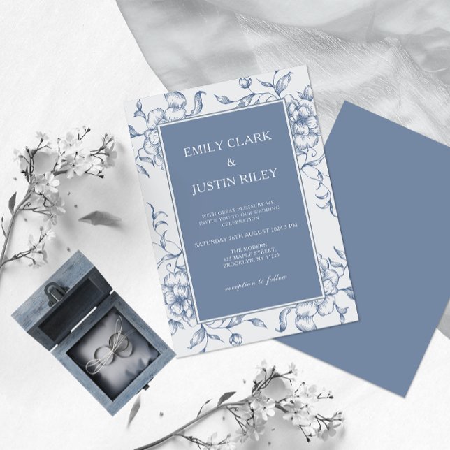 Floral Dusty Blue Elegante Wedding Einladung (Von Creator hochgeladen)