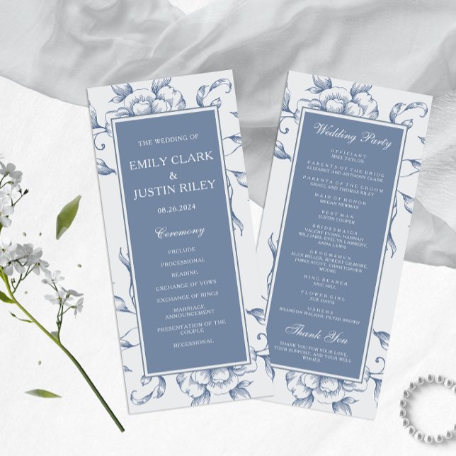 Floral Dusty Blue Elegante Wedding Programm (Von Creator hochgeladen)