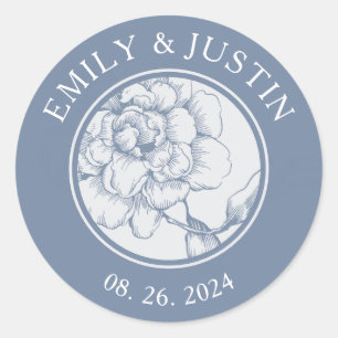 Floral Dusty Blue Elegante Wedding Runder Aufkleber
