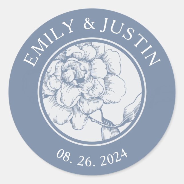 Floral Dusty Blue Elegante Wedding Runder Aufkleber (Vorderseite)