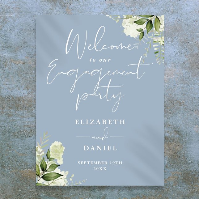 Floral Dusty Blue Engagement Affiche de bienvenue (Floral Dusty Blue Engagement Party Welcome Sign)